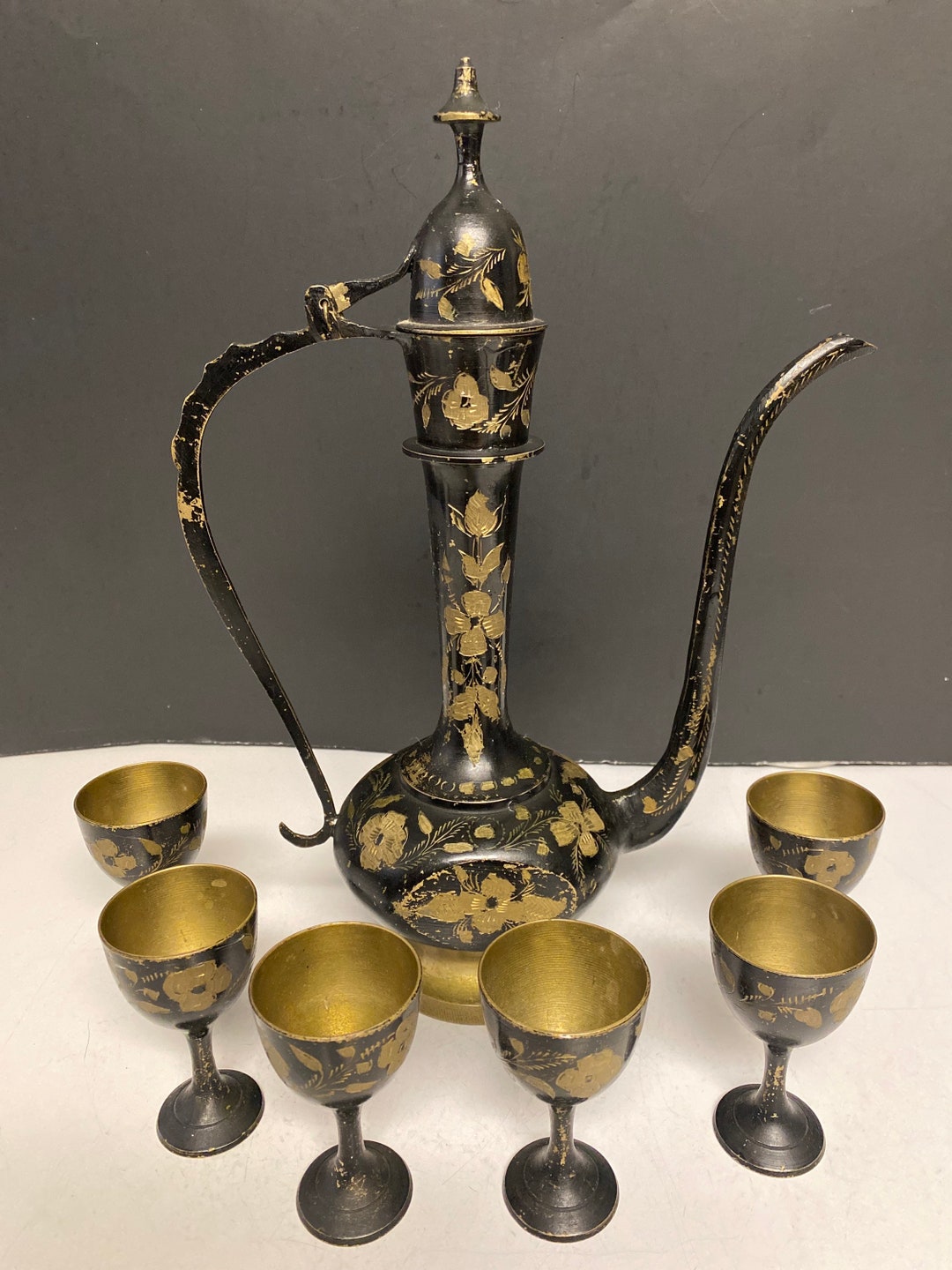 Vintage Brass Coffee Pot & Matching Brass Cups Goblets Etched Etsy