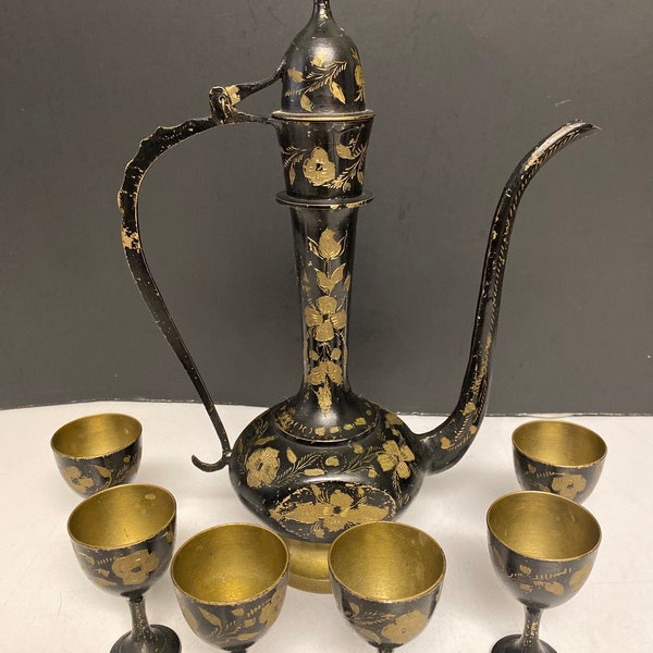 Brass Coffee Pot & Matching Brass Cups Goblets, Hand Painted Brass Tea Pot, 7 Piece Metal Tea Kettle Set, Brass Home Decor