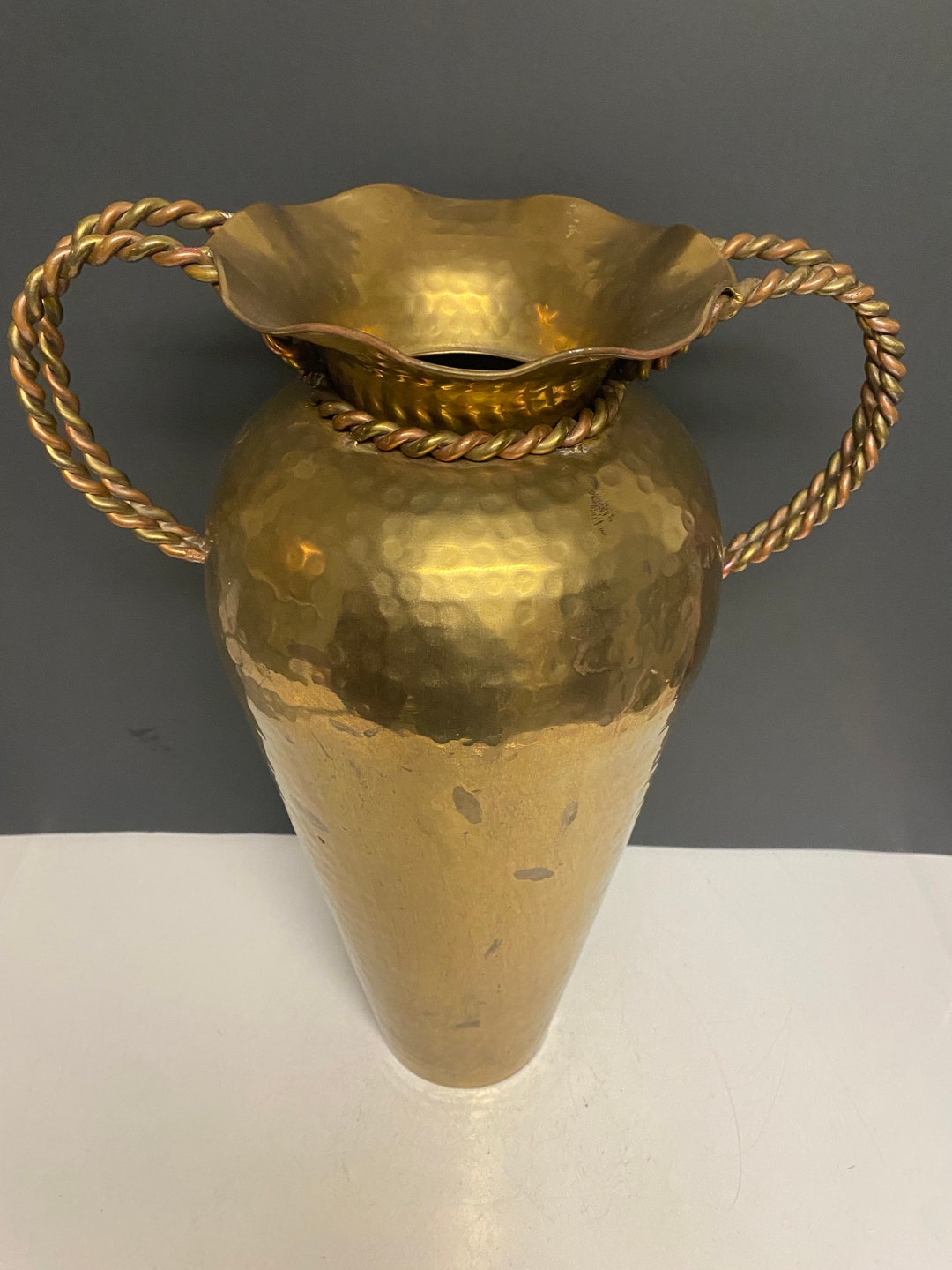 Vintage Large Brass Vase Hammered Brass Large Urn / Vase With Copper