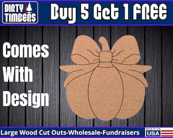 Pumpkin With Bow Lines Wood Sign Template Unfinished Wood Door Hanger MDF Paint Blank Diy Kit Door Hanger Blank Wood Shape Cut Out DTO116