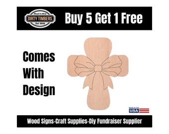 Cross With Bow Pattern Wood Door Hanger Blank, Unfinished MDF Paint Ready, DIY Sign Template