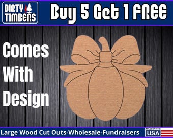 Pumpkin With Bow Lines Wood Sign Template Unfinished Wood Door Hanger MDF Paint Blank Diy Kit Door Hanger Blank Wood Shape Cut Out DTO116