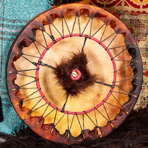 Courage shamanic drum, reindeer with carnelian crystal, custom made