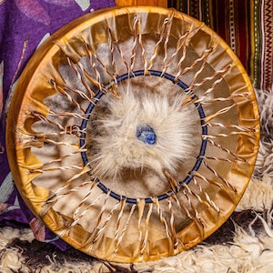 Inner vision shamanic drum, red deer with lapis lazuli crystal, custom made