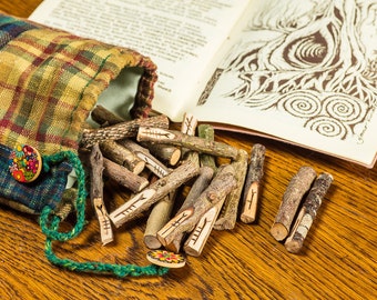 Celtic tree ogham sticks with luxury bag and book, for divination & tree connection