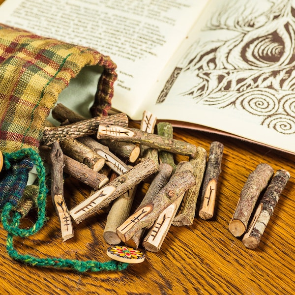 Celtic tree ogham sticks with luxury bag and book, for divination & tree connection