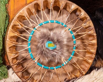 Prosperity shamanic drum, red deer with green aventurine crystal, custom made