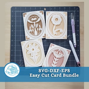 May include: Four laser cut cards with floral designs. The cards are white with brown, beige, and pink accents. The text "SVG-DXF-EPS Easy Cut Card Bundle" is at the bottom of the image.