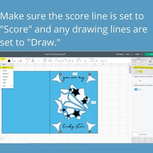 May include: A digital design board with a blue background and a card design featuring stars and the text "you are my lucky star." Instructions are included to set the score line to "Score" and drawing lines to "Draw."