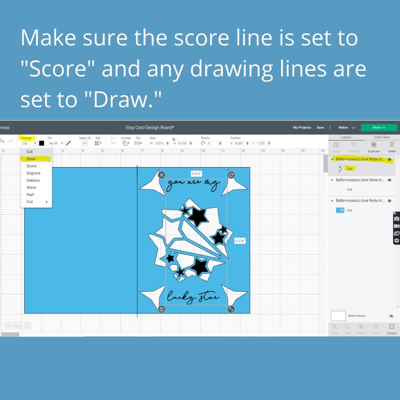 May include: A screenshot of a computer screen showing a design program with a card design. The card design features a black and white illustration of a shooting star with the text "you are my lucky star". The design is on a blue background with a grid.