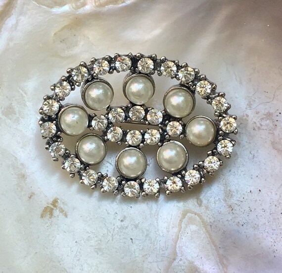 Vintage Simulate Pearl- Crystal and Aurora Rhinestone Brooch and - Ruby Lane