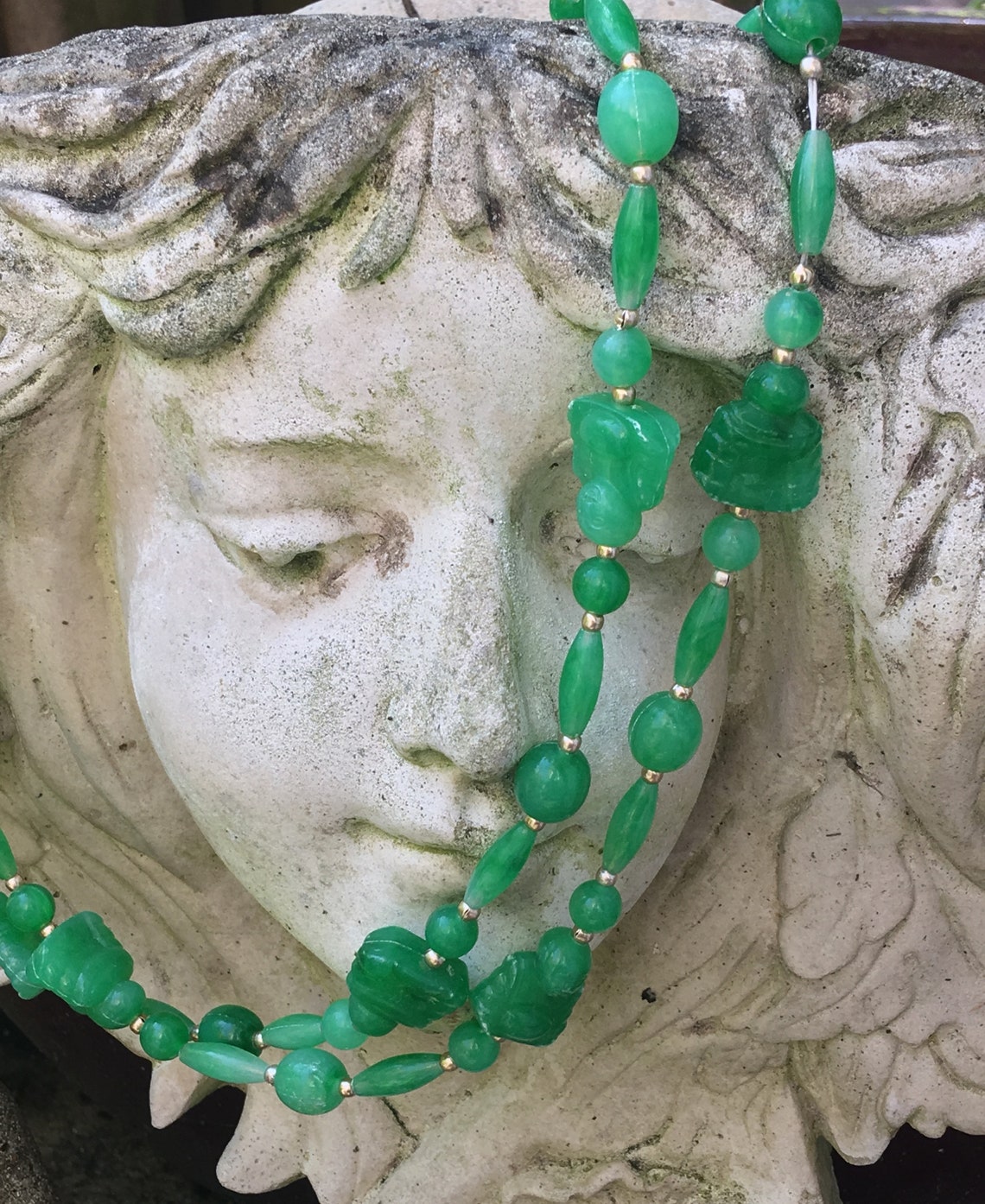 Vintage Green Buddha Bead Necklace Etsy UK