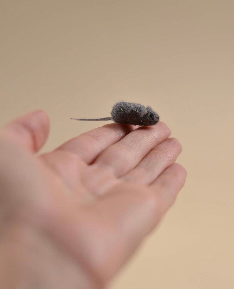 Peut inclure: Une petite figurine de souris en laine feutr&eacute;e grise avec un corps arrondi, un museau pointu et une queue fine et droite. La souris pr&eacute;sente une texture duveteuse et est fabriqu&eacute;e &agrave; partir de fibres de laine, affichant une taille miniature.