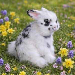 May include: A white rabbit with black markings sits amongst wildflowers in a grassy meadow. The rabbit has black spots around its eyes and ears. The scene is filled with yellow, purple, and pink flowers.