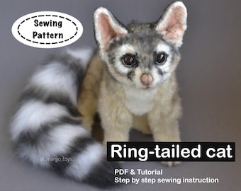 Patron de couture PDF pour chat à queue annelée - Tutoriel poupée - Animal en peluche réaliste DIY - Instructions étape par étape - Peluche articulée