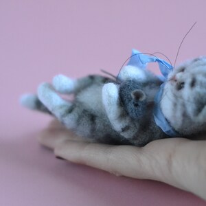 Peut inclure: Une petite figurine de chaton tigr&eacute; gris et blanc en laine feutr&eacute;e, allong&eacute;e sur le dos. Le chaton pr&eacute;sente des rayures gris fonc&eacute;, des pattes blanches et un ruban bleu clair nou&eacute; autour du cou. Il tient une minuscule souris en feutre gris fonc&eacute;.