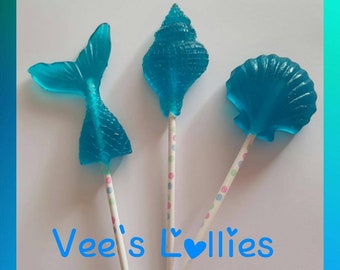 Mermaid Tail & seashells Lollipops pack of 12  Purple, Pink or Aqua. (4 of each designs)