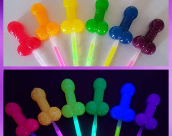 Rainbow penis-shaped small lollipops, pack of 12 - 2 of each colour (6), glowsticks or paper sticks, hens night, batchelorette cock willy