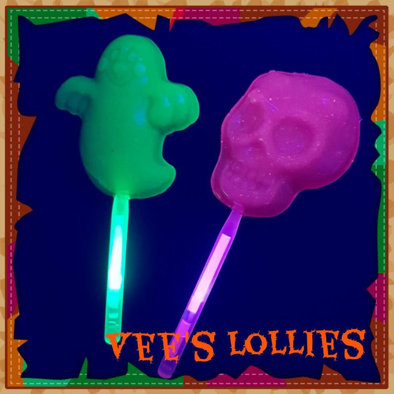 Halloween Skull or Ghost Lollipops Pack of 8 Glow under UV Candy and glow stick GlowPop image 1