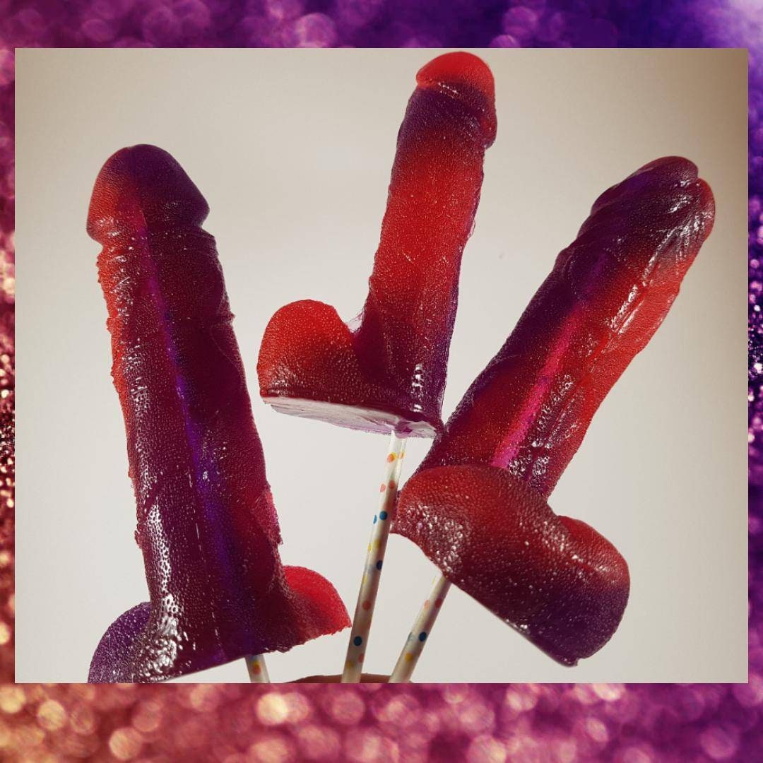 Penis-shaped hard candy lollipop, fruit flavour, small, medium or large, fu...