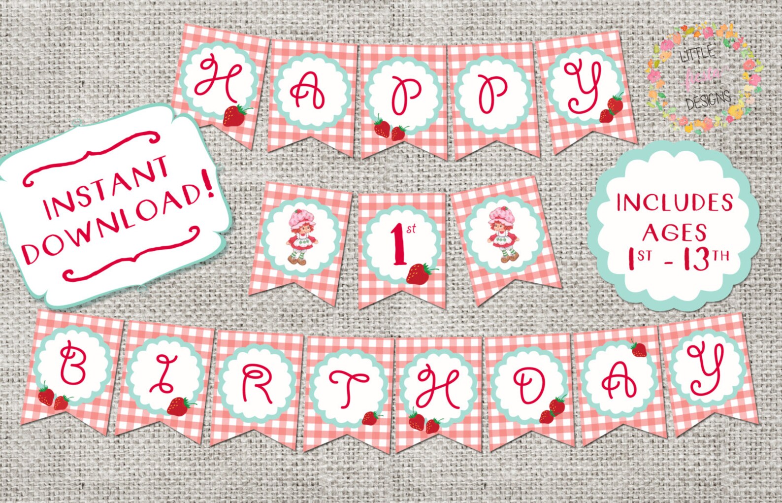 Happy 1st Birthday Banner Strawberry Shortcake Printable - Etsy