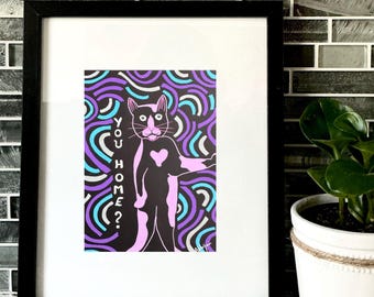 Hand-Drawn Cat Mood Art: 8x10" Framed Painting - Funny Cat Lover Gift