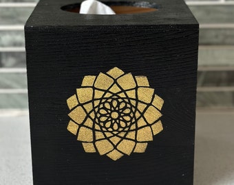 Gold & Black Mandala Tissue Box – Square Wooden Holder – Bohemian Modern Decor – Handmade Napkin Cover