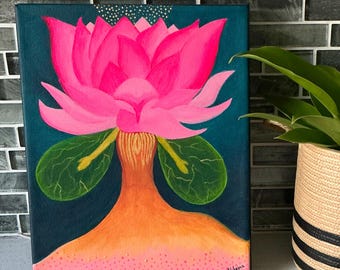 Original Lotus Acrylic Painting: Textured Floral Canvas Art (8x10 Framed)