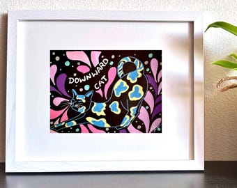 Framed Cat Yoga Art: Hand-Drawn Colorful Doodle (8x10”)
