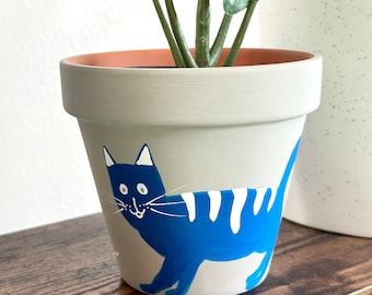 Hand-Painted Blue Cat Planter: 4-Inch Terracotta Succulent Pot