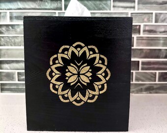 Handmade Black Wooden Tissue Box Cover: Gold Mandala Boho Decor