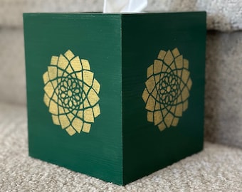 Green & Gold Mandala Tissue Box Cover: Bohemian Wooden Napkin Holder