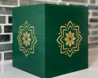 Forest Green Wooden Tissue Box Cover: Gold Mandala Decor