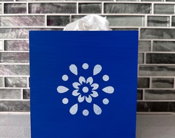 Blue Mandala Wooden Tissue Box Cover: Handmade Bohemian Decor