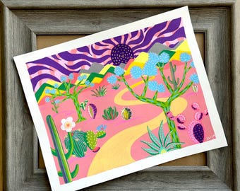 Framed Joshua Tree Art: Hand-Drawn Desert Cacti, Southwest Boho Decor