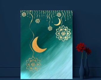Mandala Moon Painting: Green Gold Abstract Acrylic Canvas (11x14 inches)