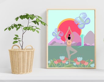Sunrise Yoga Art Print: Tree Pose, Colorful Wall Decor (8x10, Unframed)