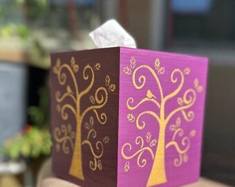 Handmade Tree of Life Tissue Box: Magenta Boho Decor
