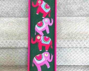 Pink elephants wooden plaque entryway decor - Hand painted art- fluorescent pink border - Indian gift