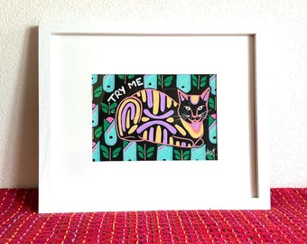 Funny Cat Meme Art: Hand-Drawn Colorful Boho Print, Framed 8x10”