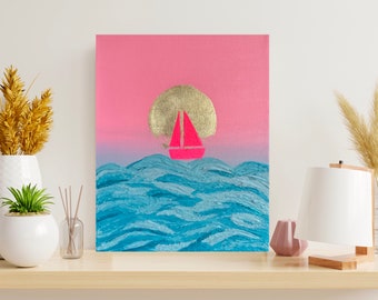 Neon Pink Sailboat Painting: Golden Sun, Abstract Seascape Art (8x10)