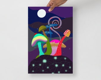 Night Mushroom Art Print: Psychedelic Dark Theme Poster