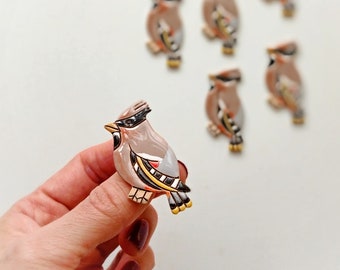 Waxwing bird handmade ceramic brooch