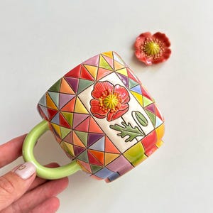 Patchwork handmade ceramic mug with poppies, Colorful ceramic cup