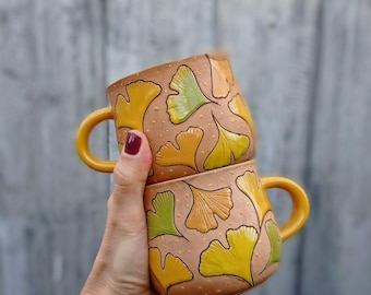 Handmade ceramic mug with ginkgo leaves