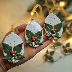 Ceramic Christmas Ornament with acebo and gold dots, Christmas decor image 1