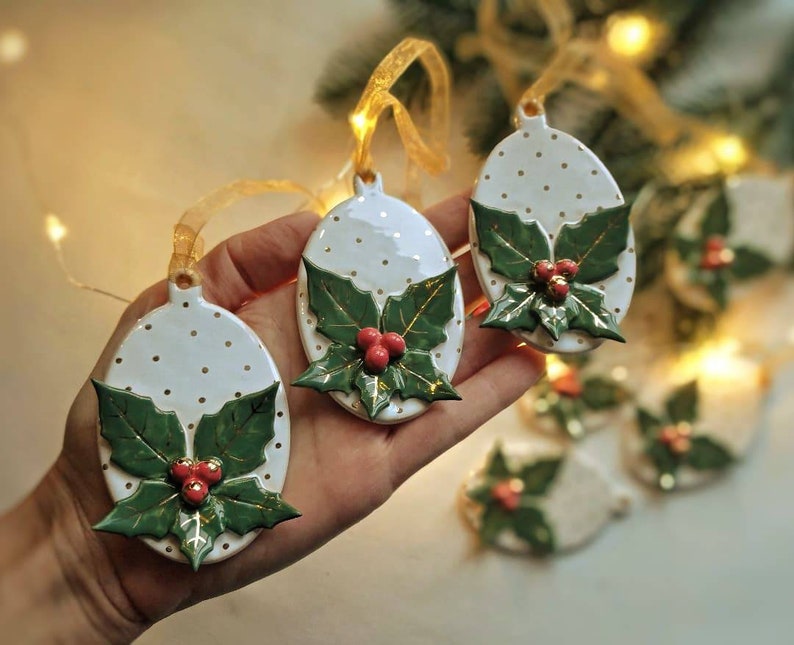 Ceramic Christmas Ornament with acebo and gold dots, Christmas decor image 1