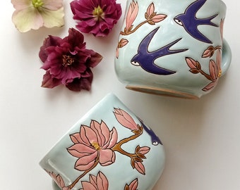 Pink magnolia handmade ceramic cup, Handmade ceramic mug with magnolia and swallows