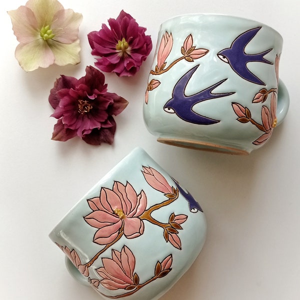 Pink magnolia handmade ceramic cup, Handmade ceramic mug with magnolia and swallows