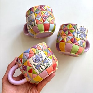 Patchwork handmade ceramic mug with irises, Spring colorful ceramic cup